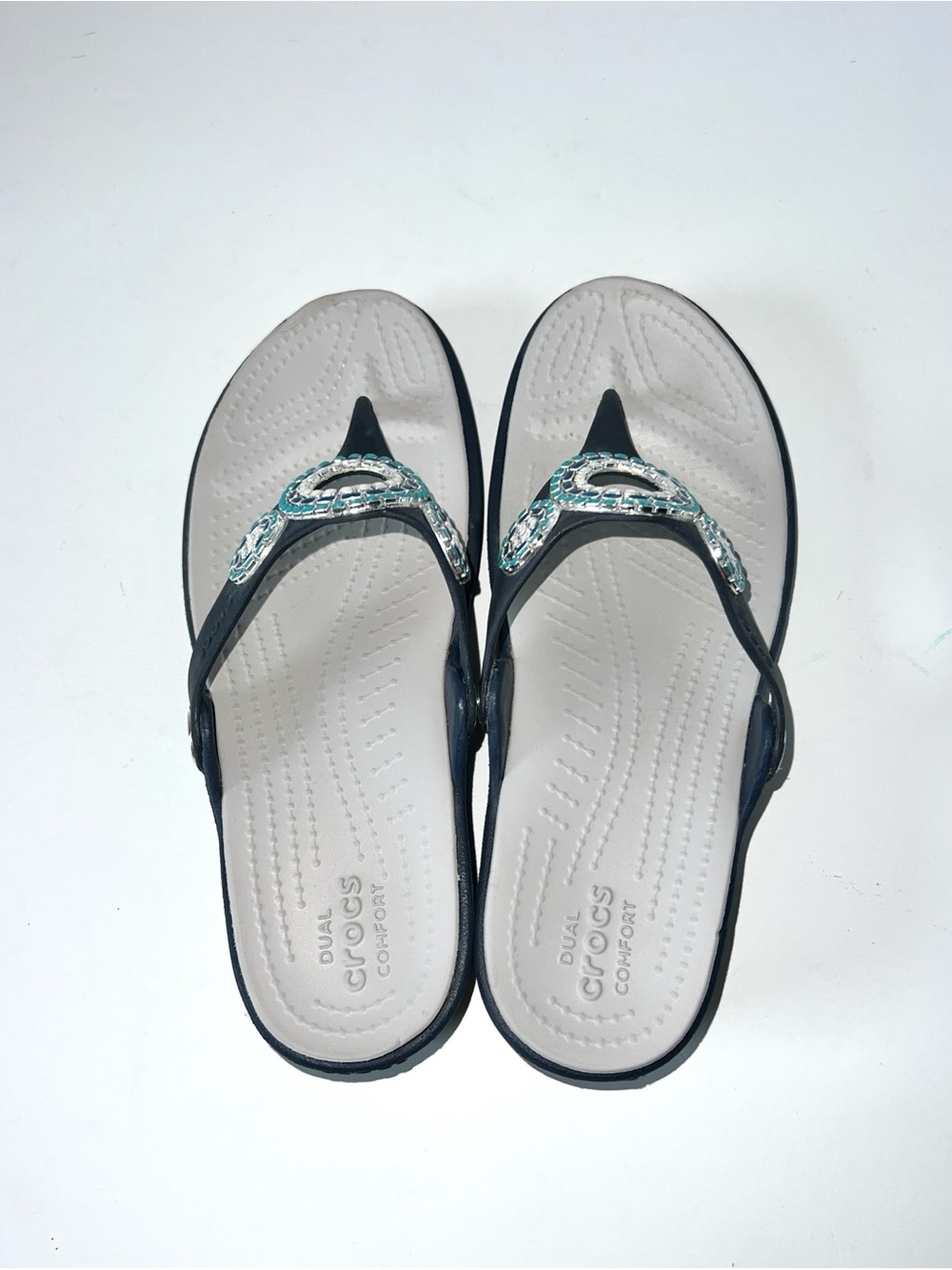 Crocs Sanrah Diamante Wedge Flip Sandals Size 7 NAVY Embellished Turquoise - Picture 8 of 12